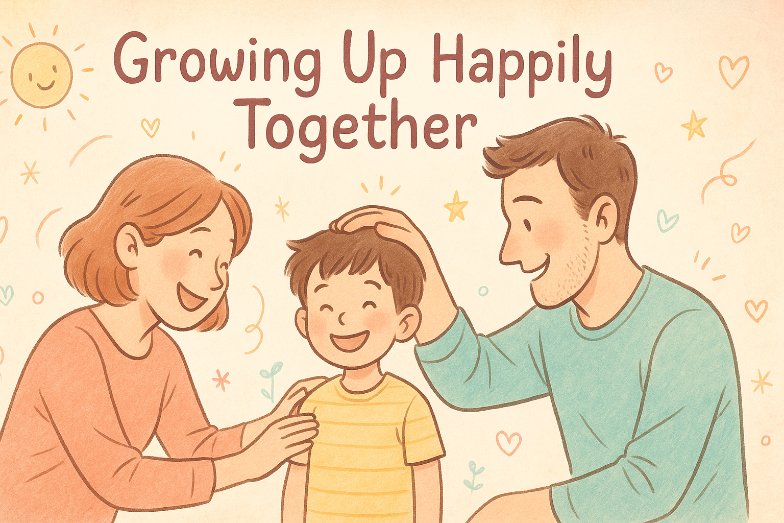A heartwarming wide banner illustrating parents supporting and nurturing their growing child, with playful hand-drawn elements. The scene expresses "Growing Up Happily Together." Soft pastel tones and gentle lighting for an inviting website header. Web banner aspect ratio.